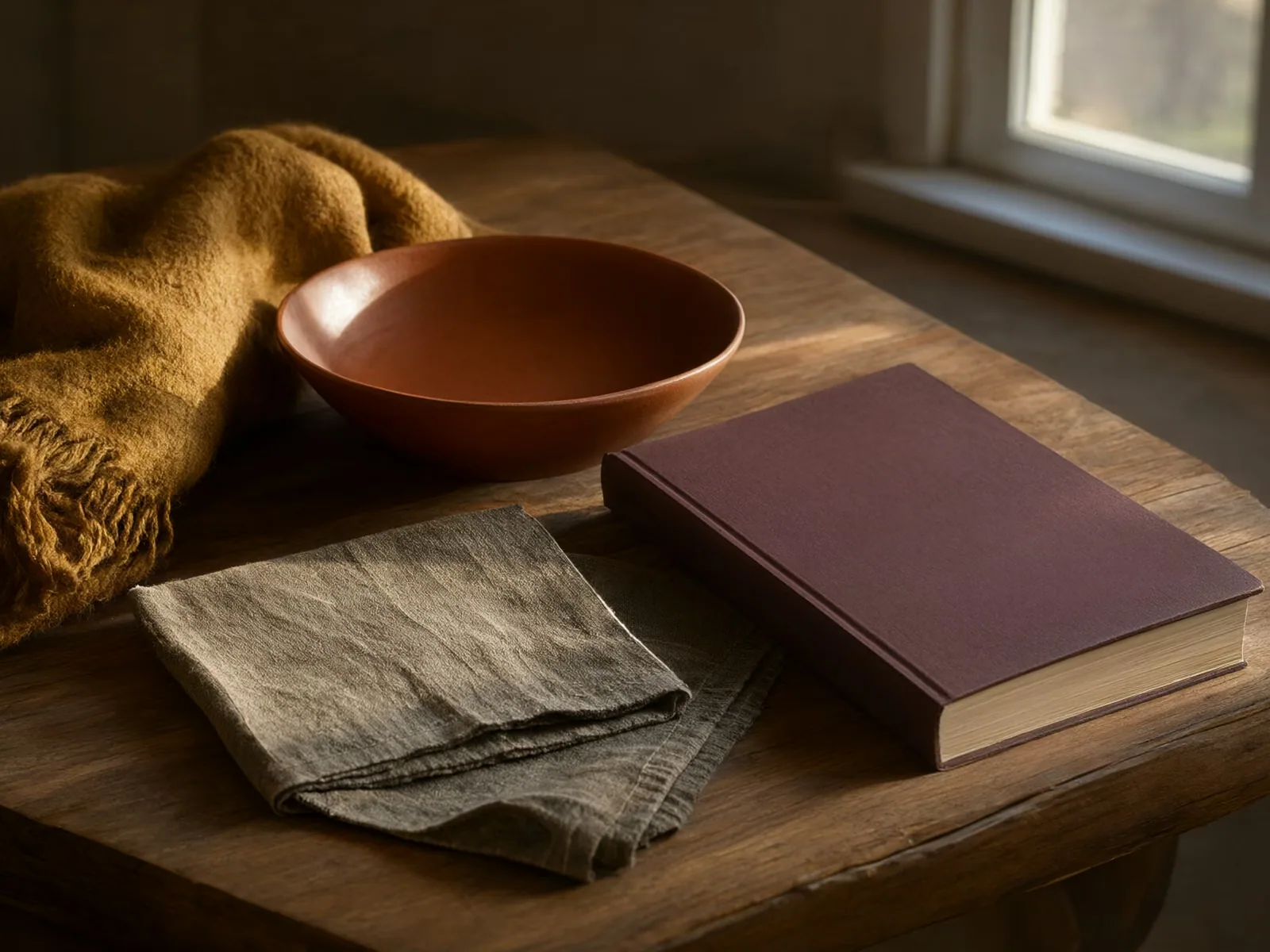 Earth-toned objects on a wooden table in warm window light.