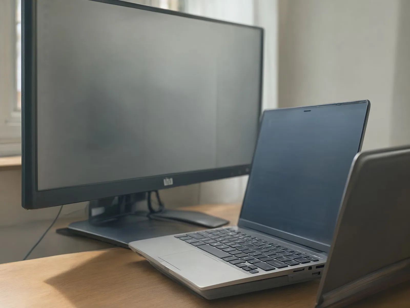 An out-of-focus monitor next to a small older laptop on a wooden desk in daylight.