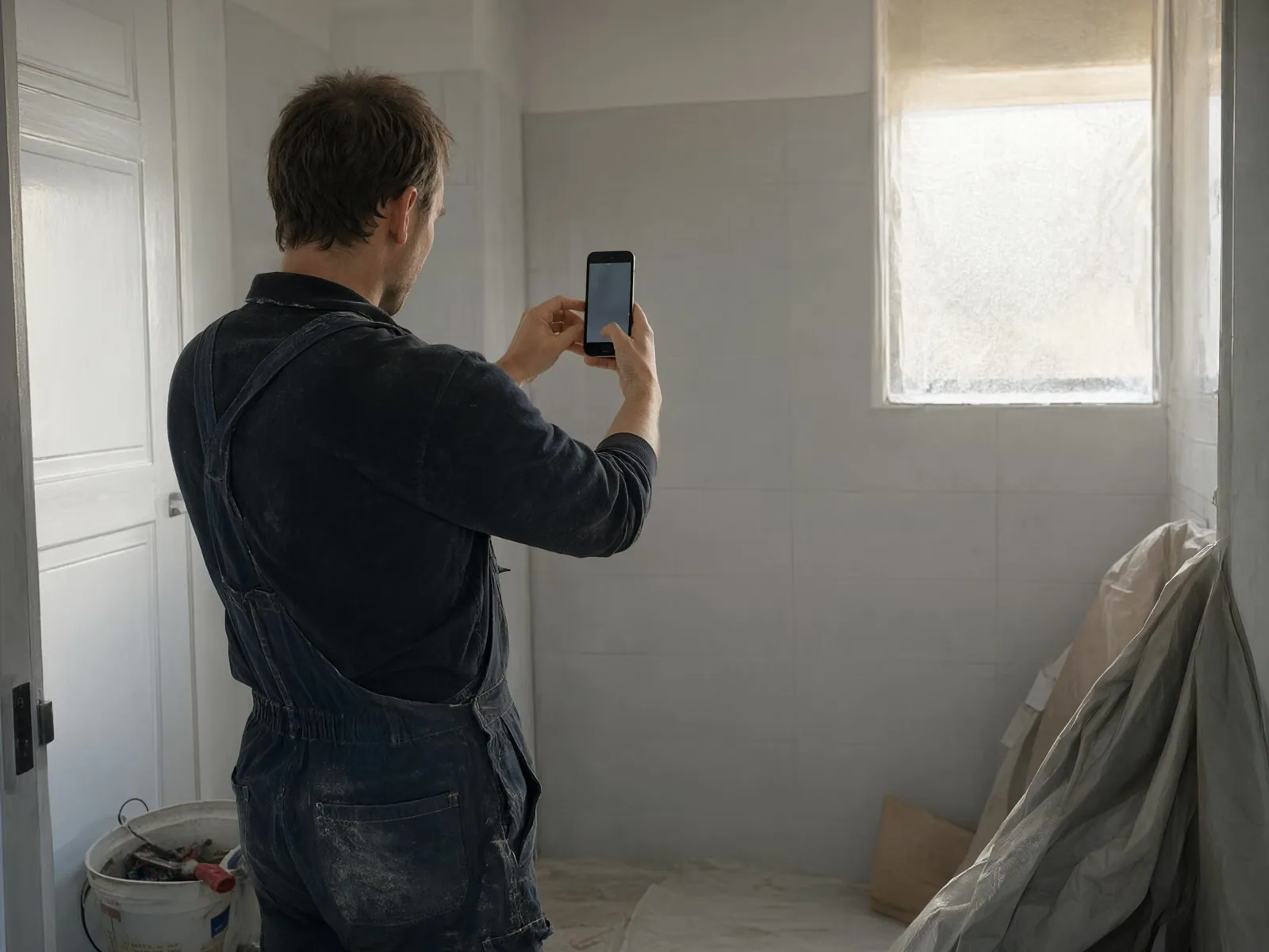 A contractor photographs a newly finished tiled bathroom with a phone.