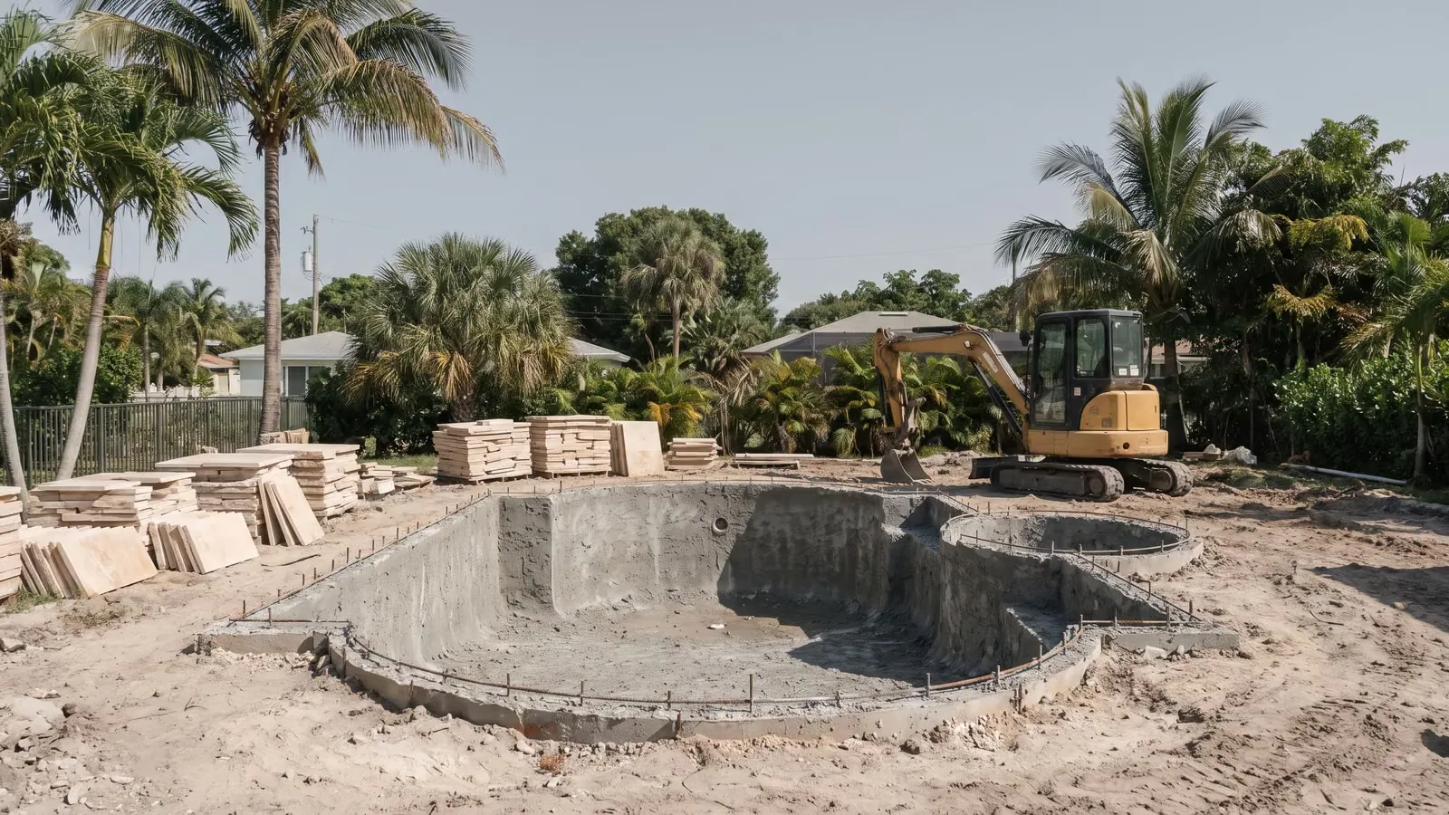 A residential swimming pool shell under construction in a Miami-Dade backyard.