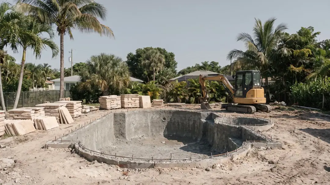 A residential swimming pool shell under construction in a Miami-Dade backyard.
