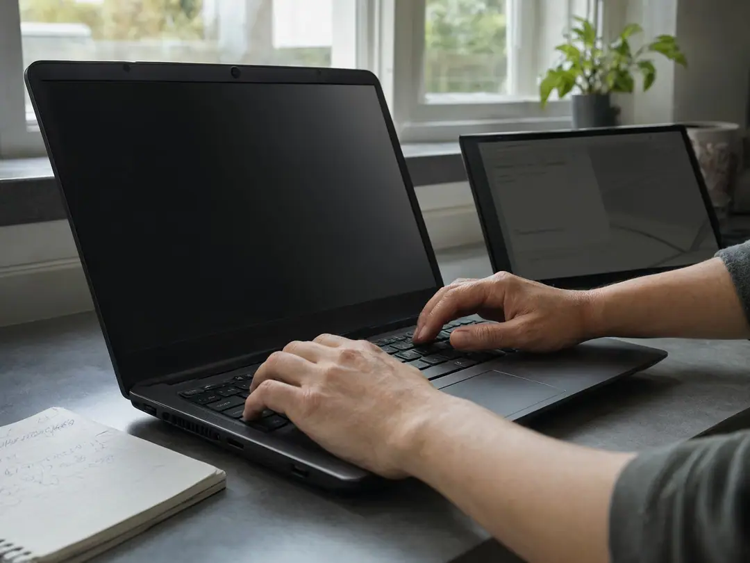 A business owner's hands on a laptop keyboard at a kitchen table in morning light.