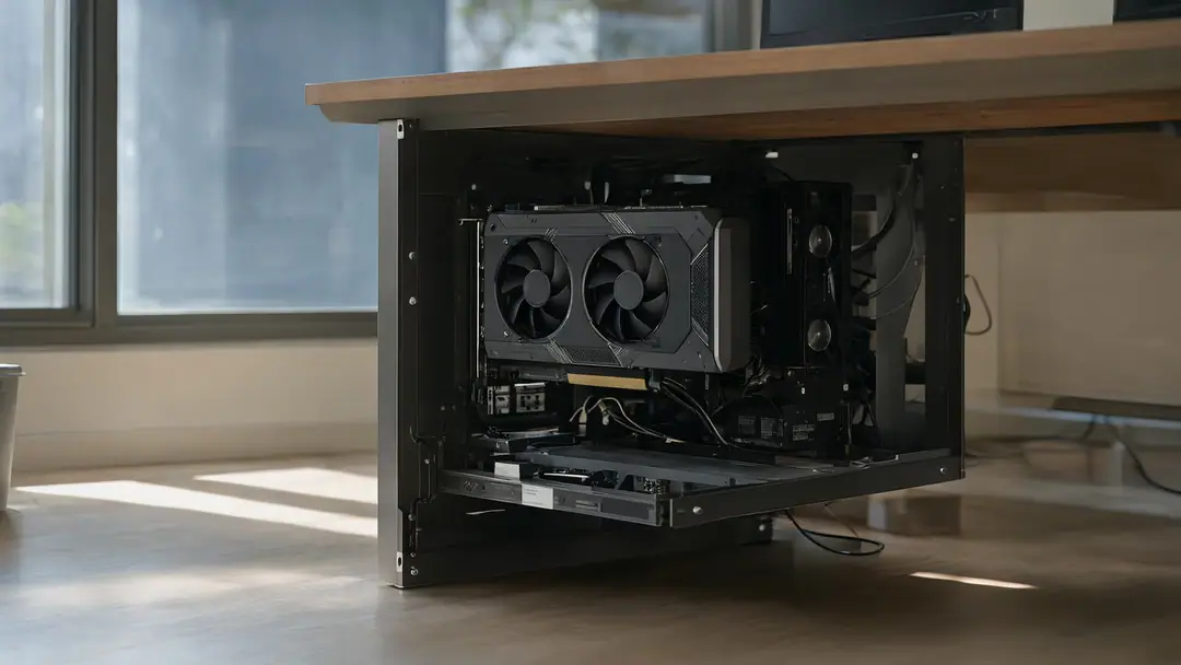 The inside of a desktop workstation with a large graphics card, lit by daylight from a nearby window.