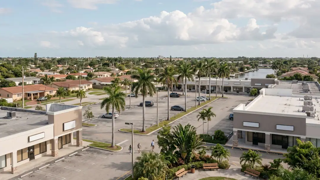 Strip-mall storefronts and palm trees across a Miami-Dade neighborhood under a bright afternoon sky.
