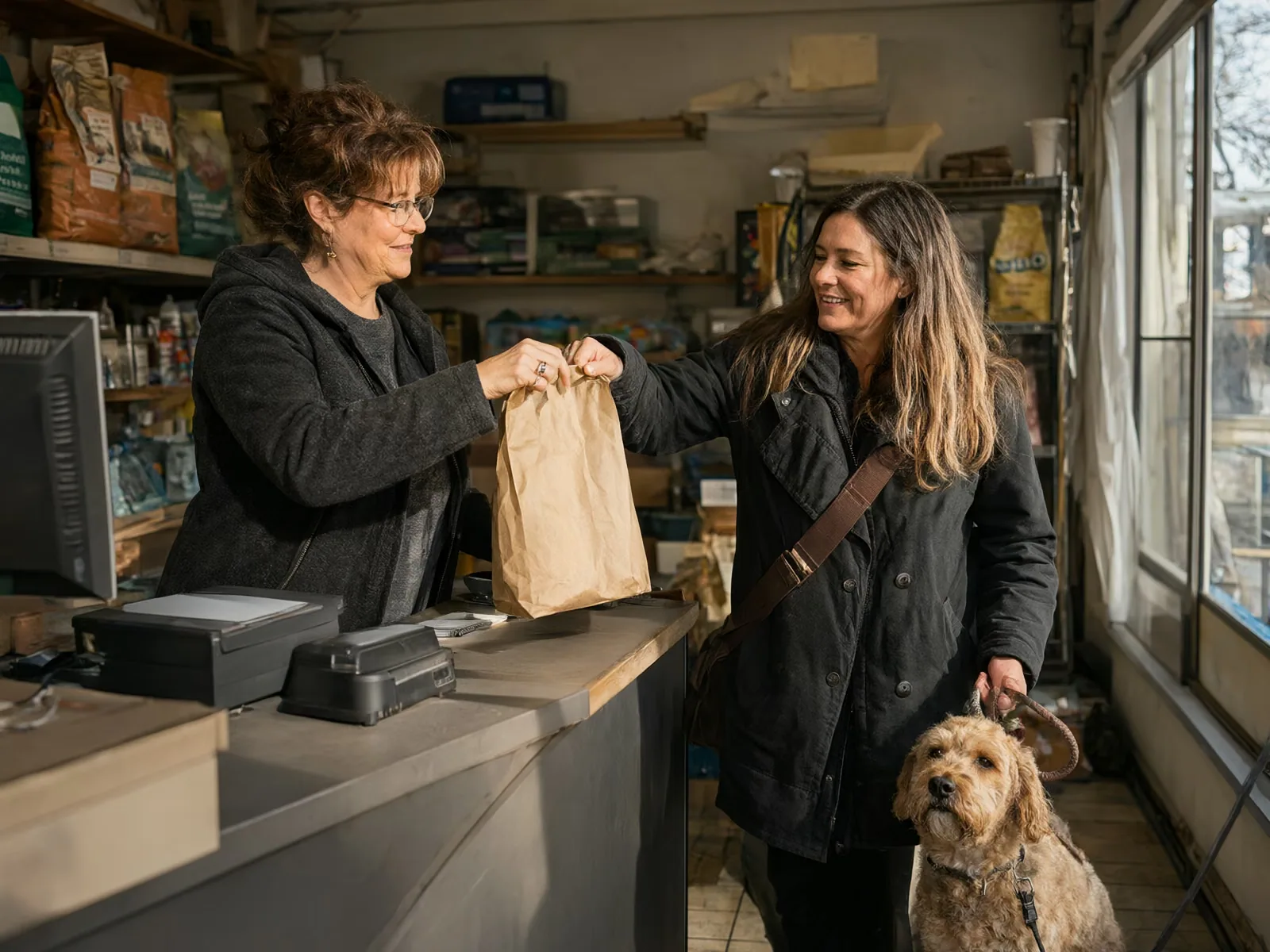 A pet shop owner handing a bag to a smiling customer whose dog waits beside her.