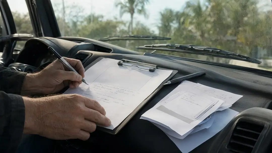 A contractor writes job notes on a clipboard inside a work truck.