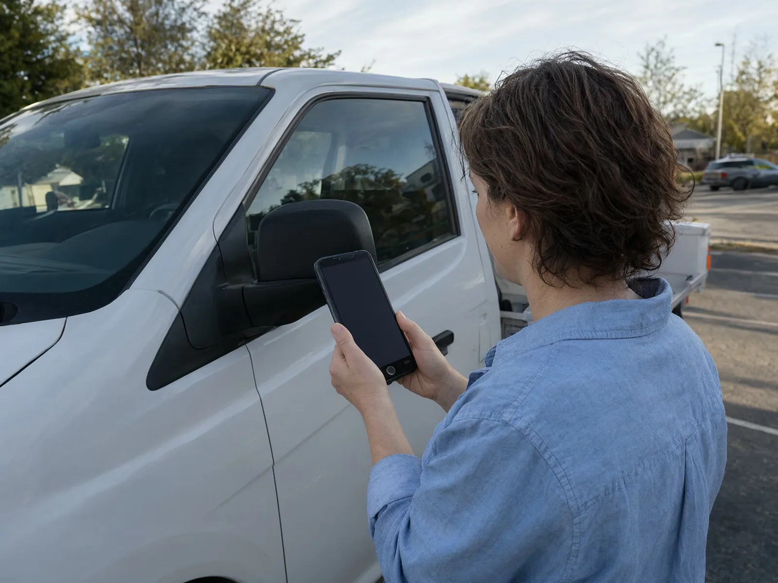 A woman stands beside a work van in a parking lot typing on her phone in the late afternoon sun.
