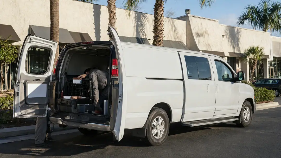 A technician unloads a toolbox from a plain service van outside a stucco building with palm trees.