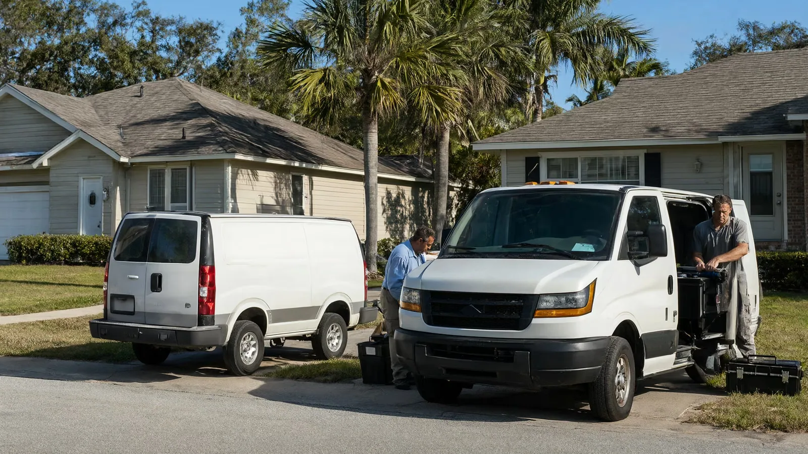 Two work vans parked on a Florida suburban street while a contractor unloads a toolbox.