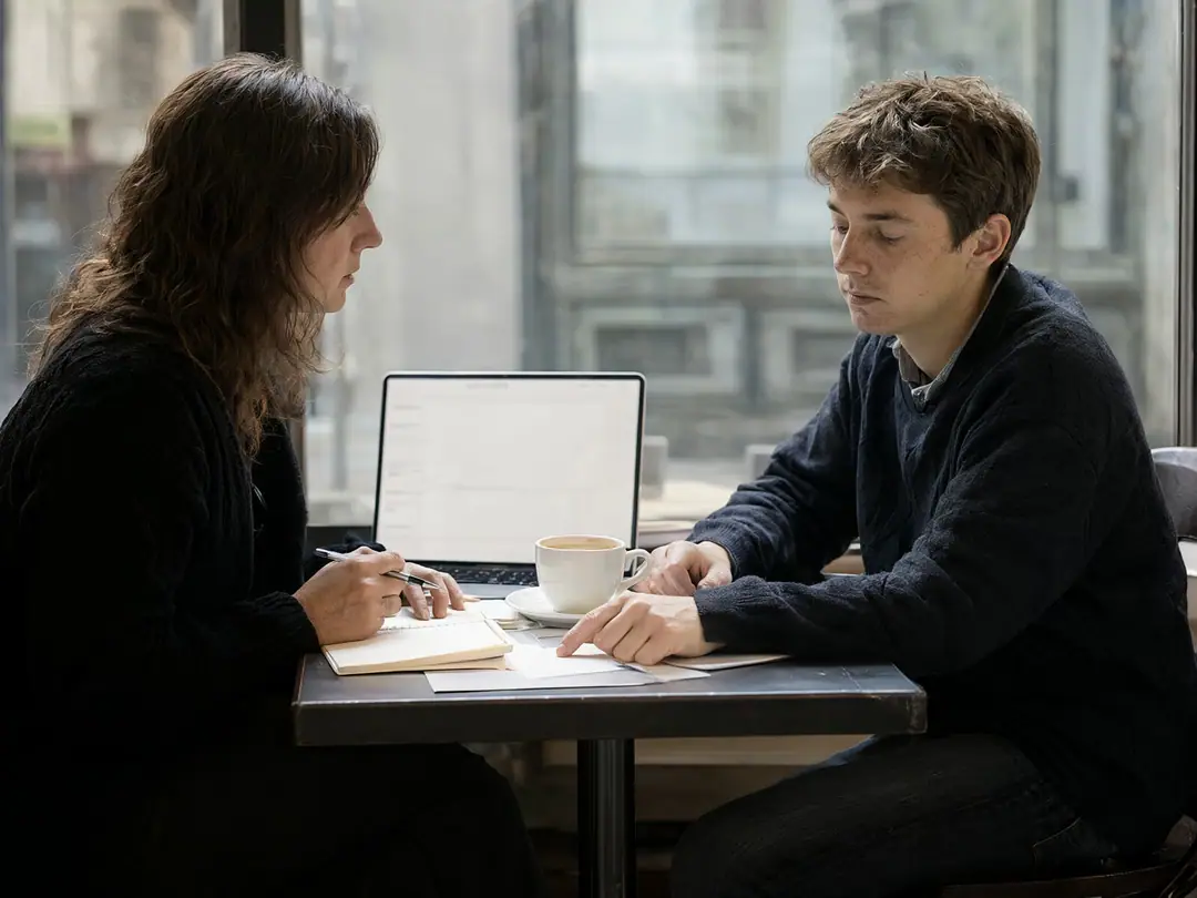 A business owner meeting with her web designer at a cafe table.