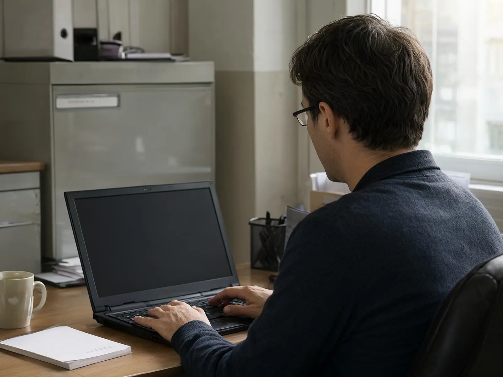 An office manager works at a laptop in a small office with morning light from a window.