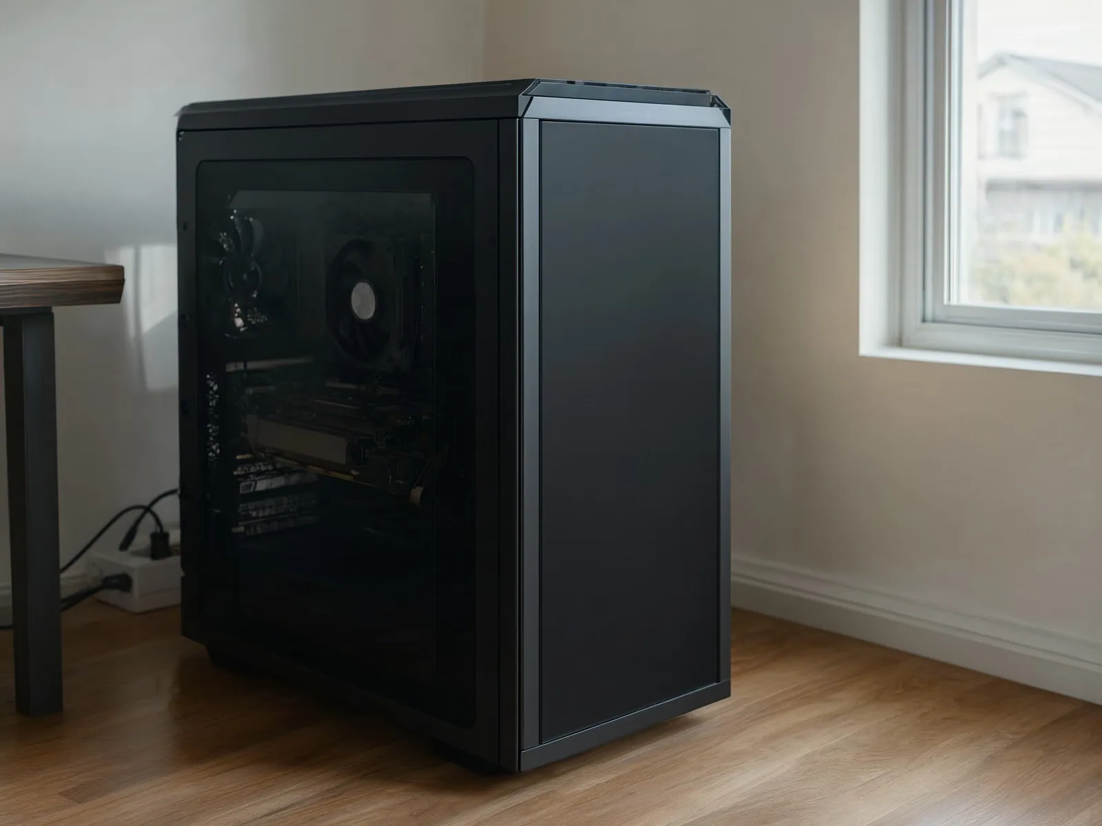 The inside of a desktop computer tower showing a large GPU, sitting on a wooden floor beside a desk.