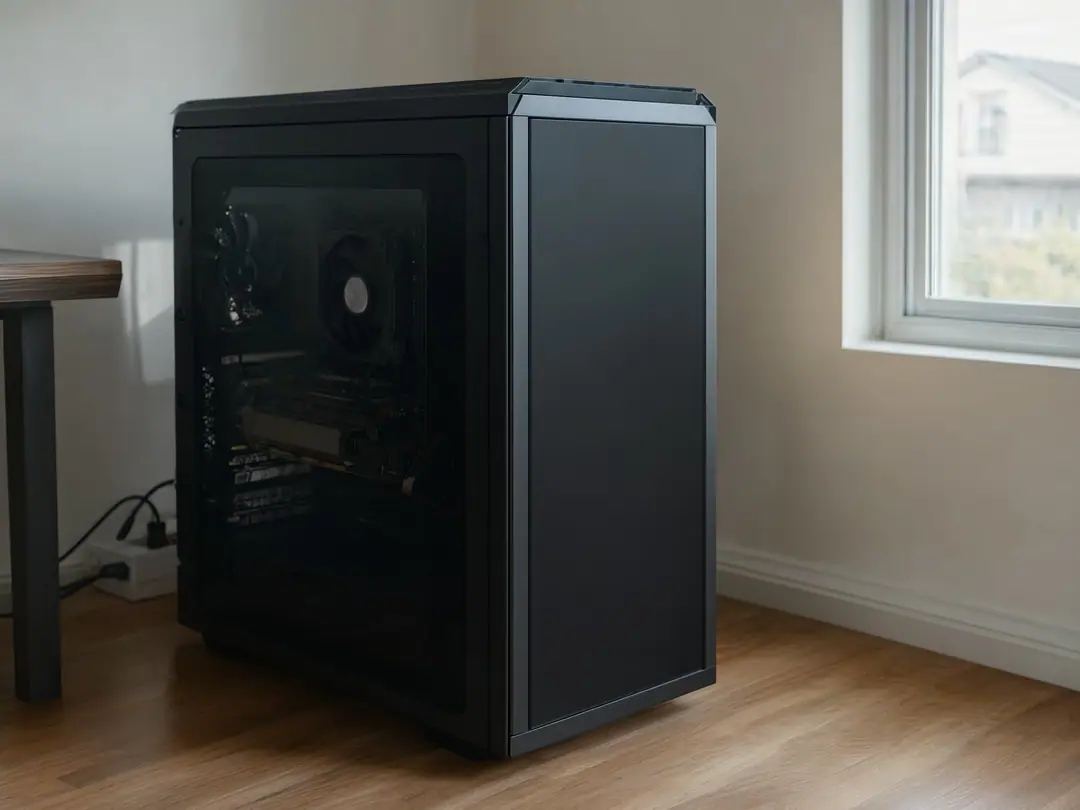 The inside of a desktop computer tower showing a large GPU, sitting on a wooden floor beside a desk.