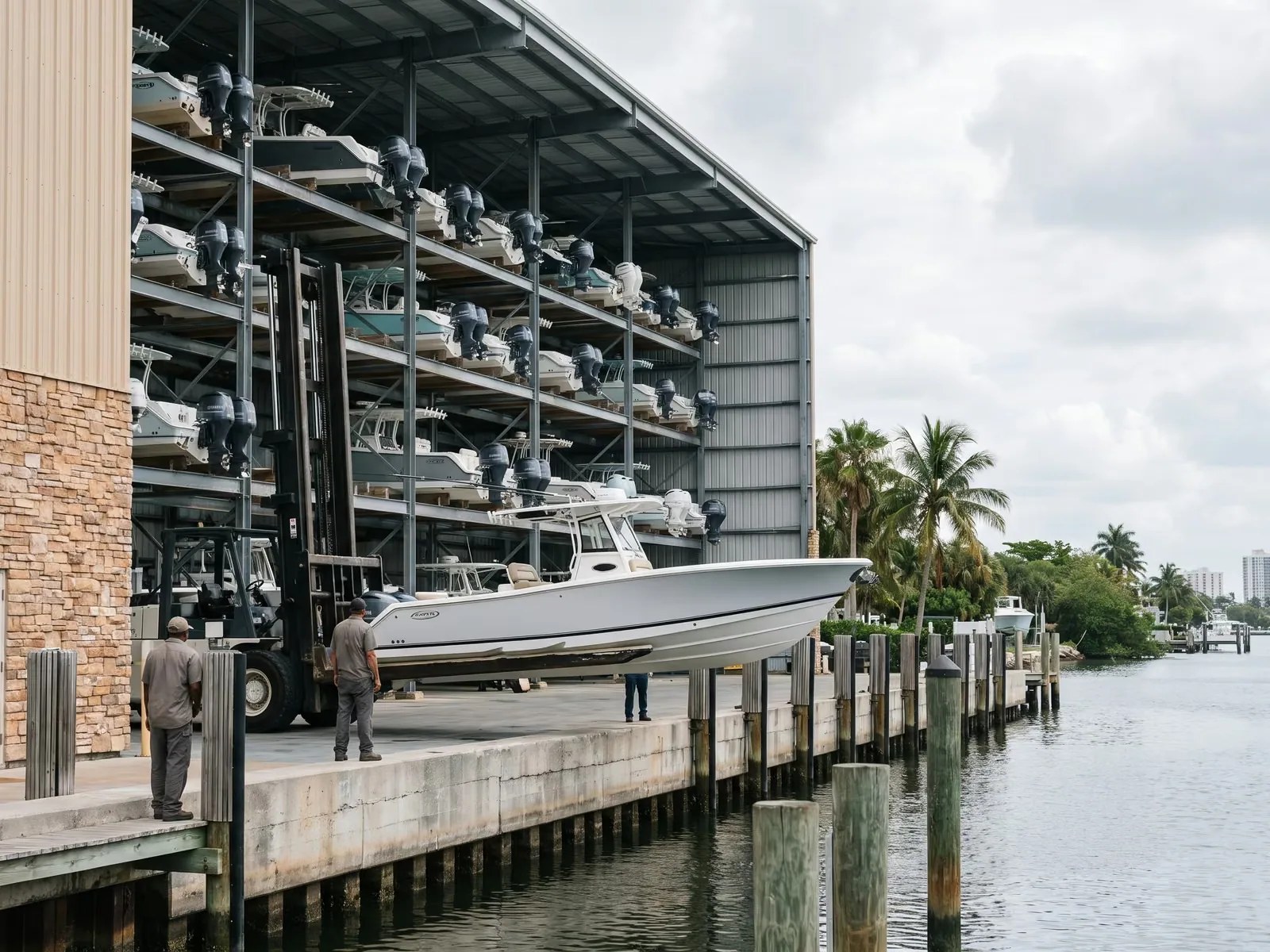 Boats stored on dry stack racks at a South Florida marina.