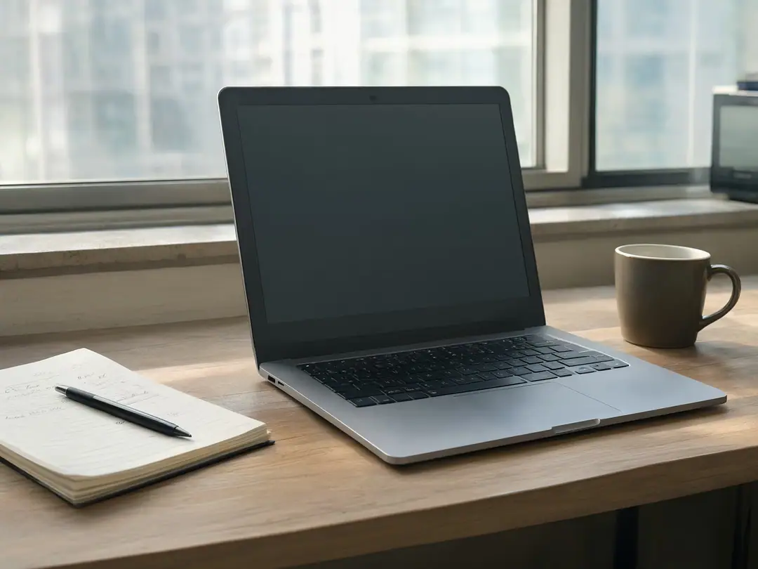 A small office desk with a closed laptop, a notebook and coffee in morning light.