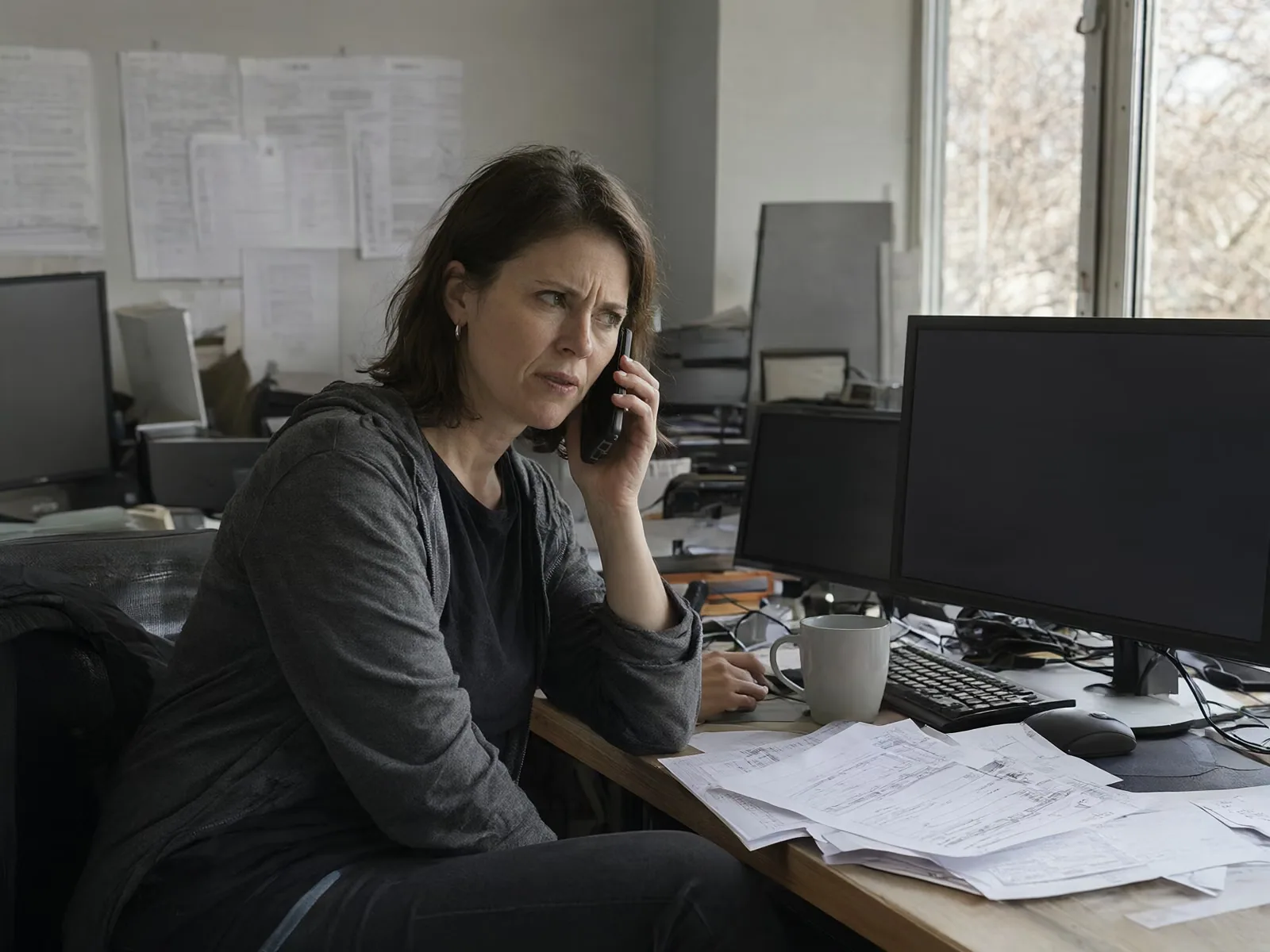 A business owner at her desk listening skeptically to a phone call.