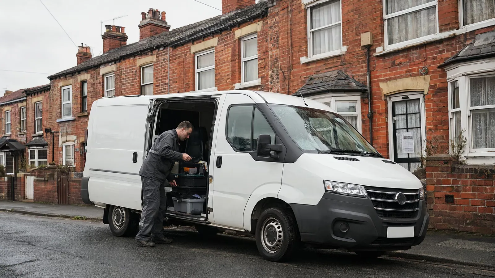 A technician unloads a toolbox from a plain white van on a street of brick terraced houses.