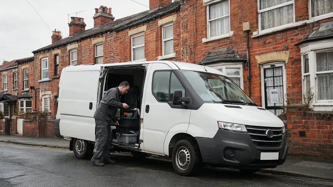 A technician unloads a toolbox from a plain white van on a street of brick terraced houses.