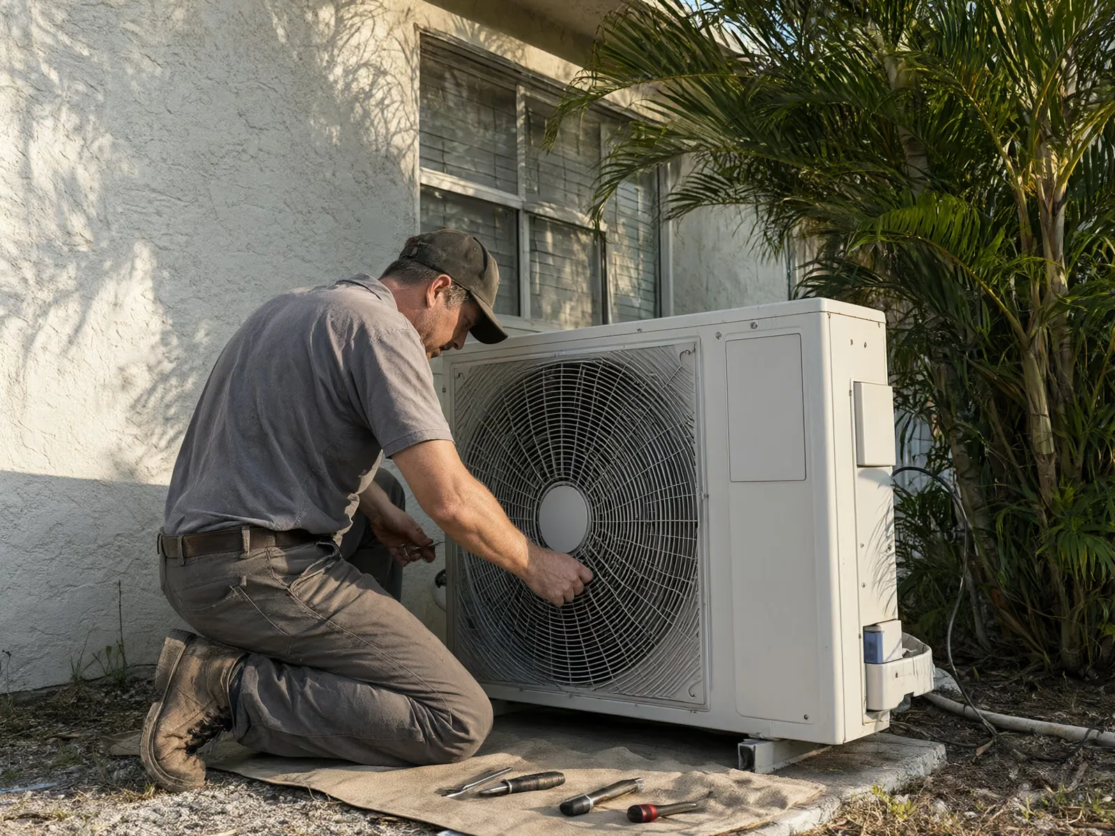 A technician kneels beside an outdoor air conditioning unit next to a house, working with hand tools.