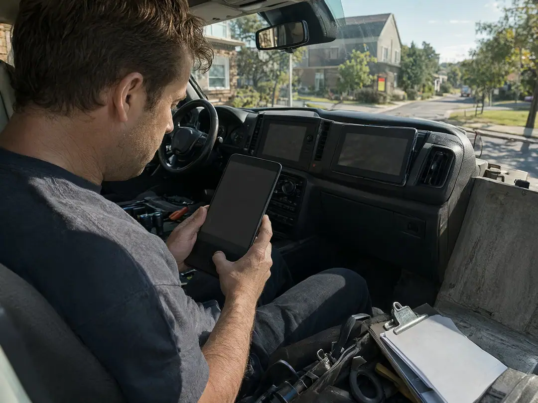 A tradesperson sitting in a work van checking a phone, with tools on the passenger seat.