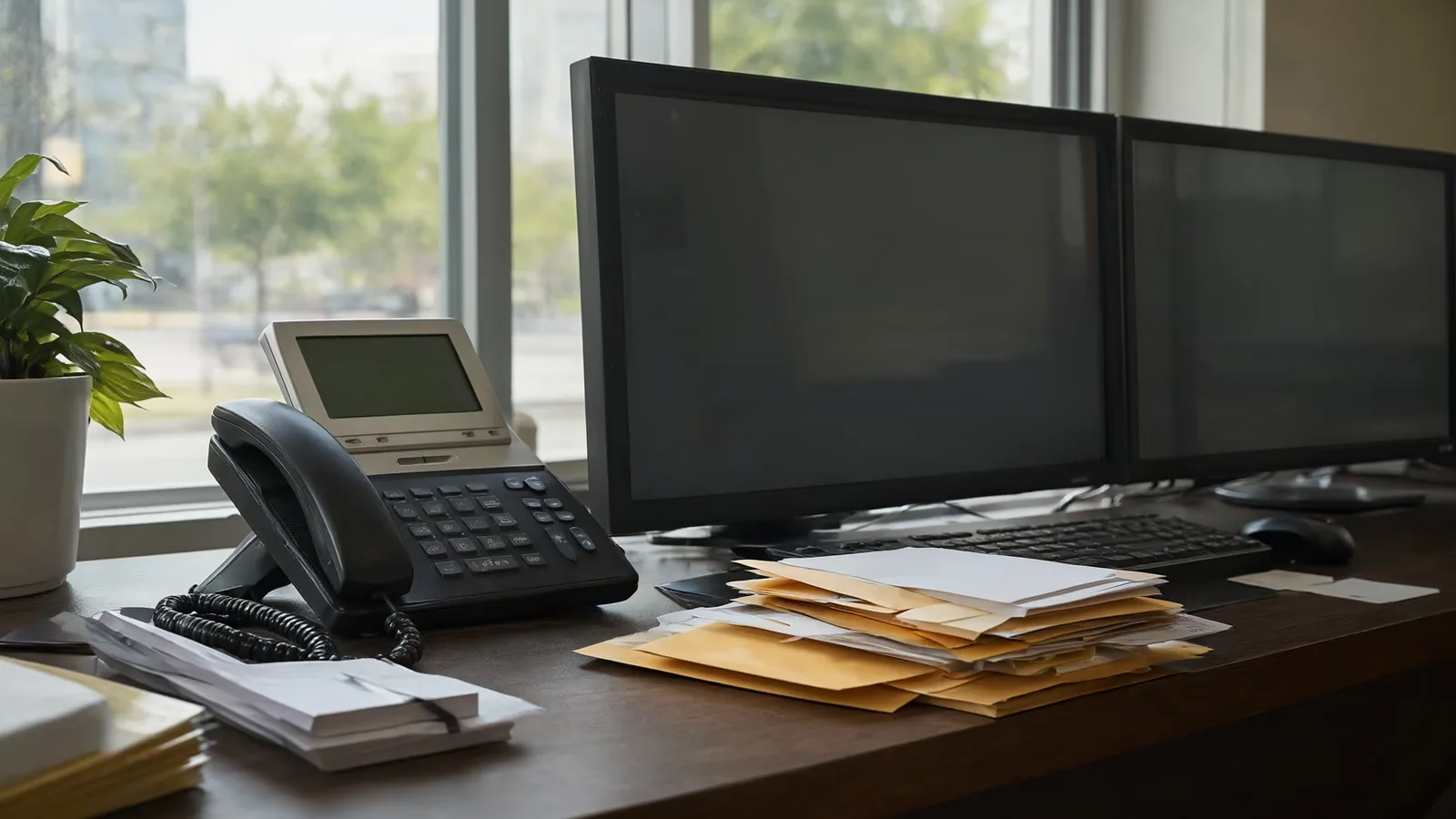 An empty front desk in a small office with a phone and a stack of unopened mail.