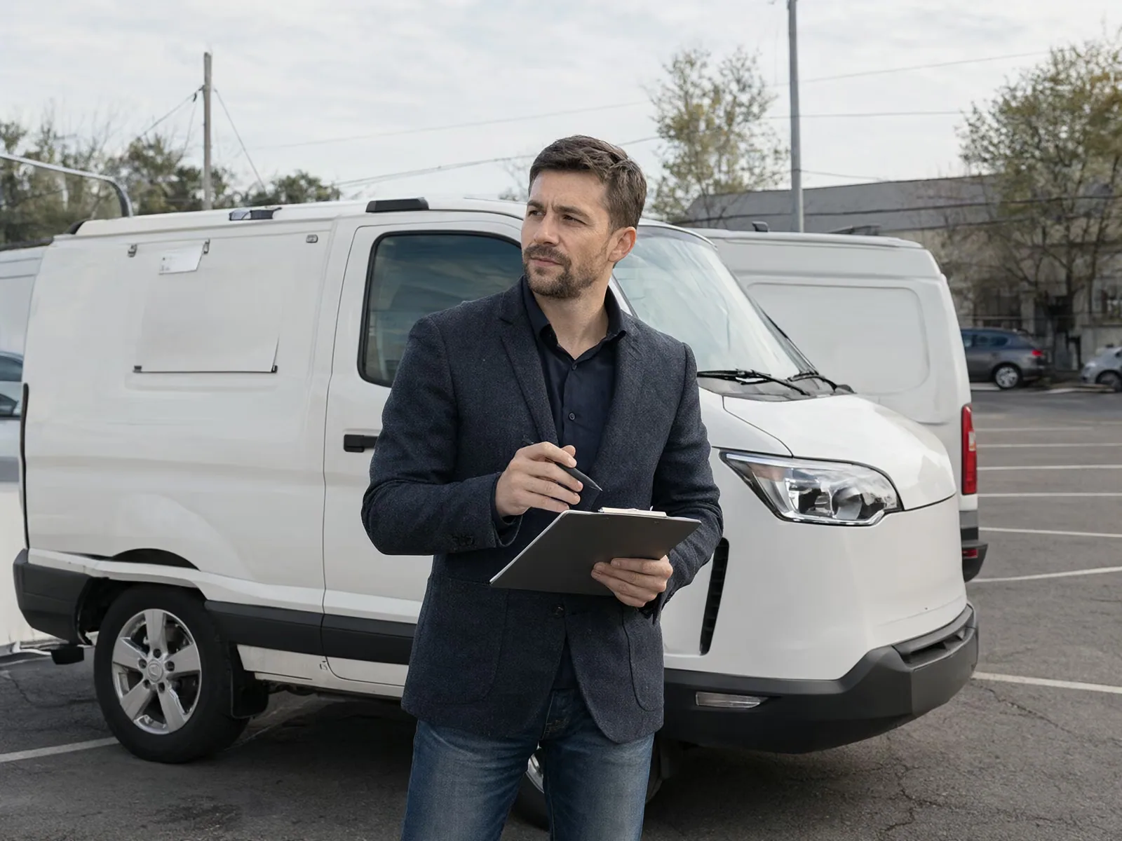 A business owner standing next to a service van and checking notes on a clipboard.