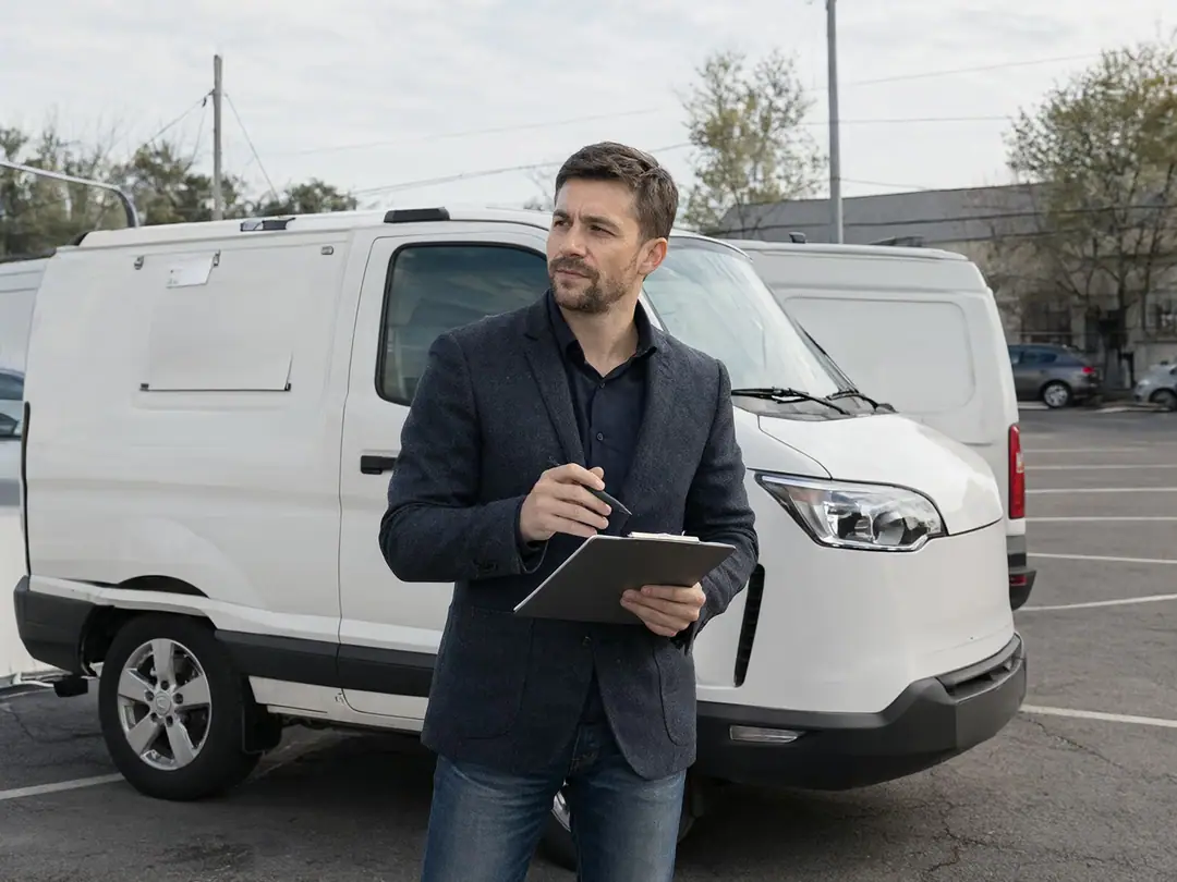 A business owner standing next to a service van and checking notes on a clipboard.