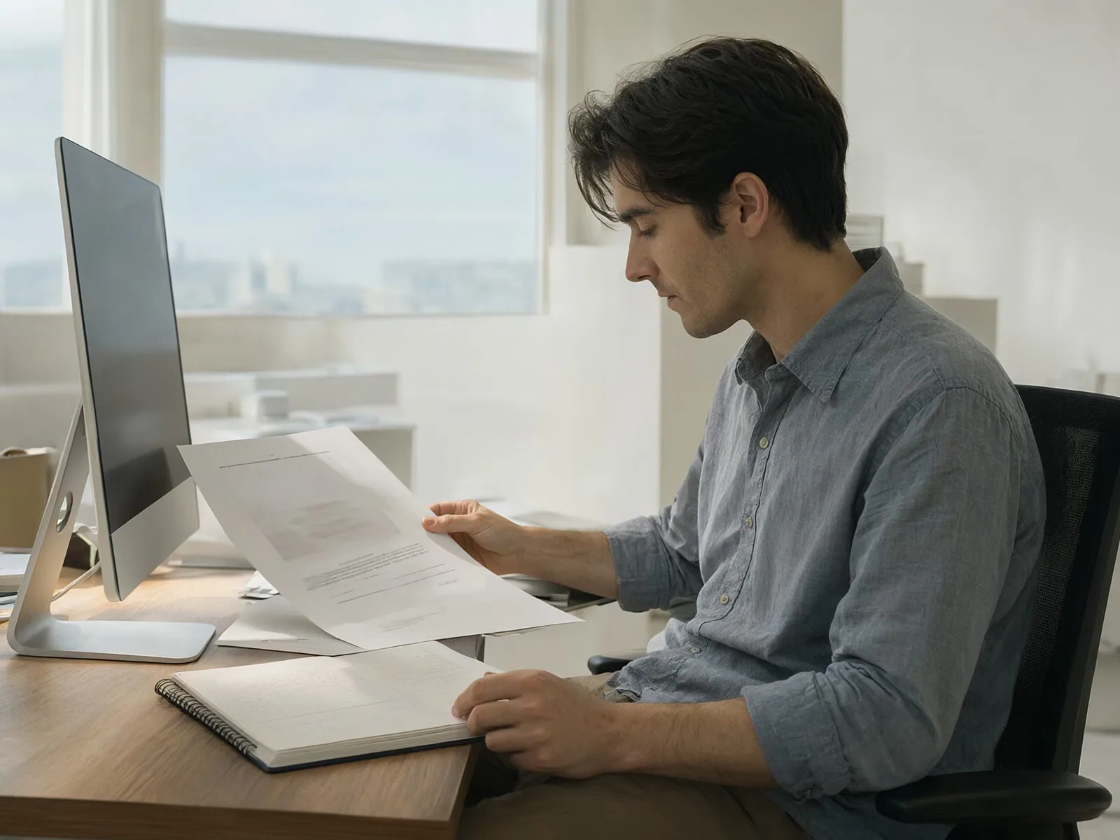 An analyst compares a printed page with handwritten notes at a standing desk.
