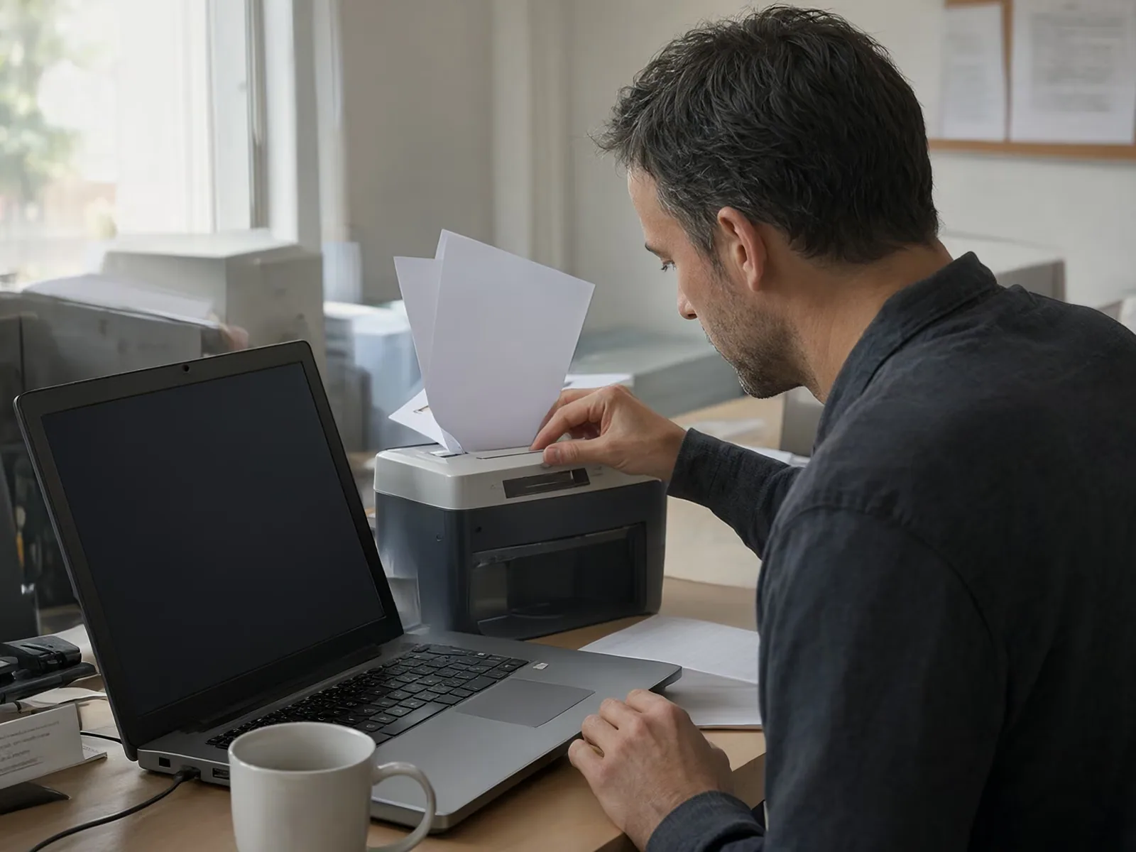 A man shredding paperwork beside his desk.
