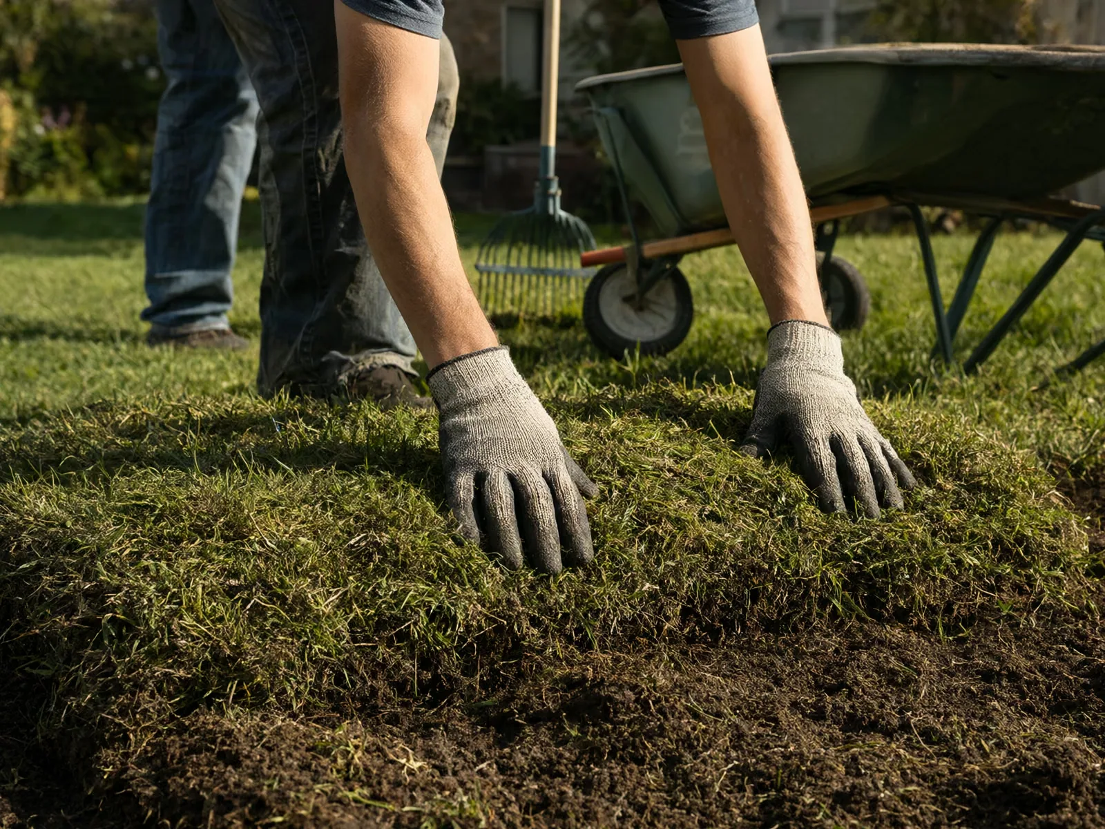Gloved hands press new turf into place in a backyard with a wheelbarrow behind.