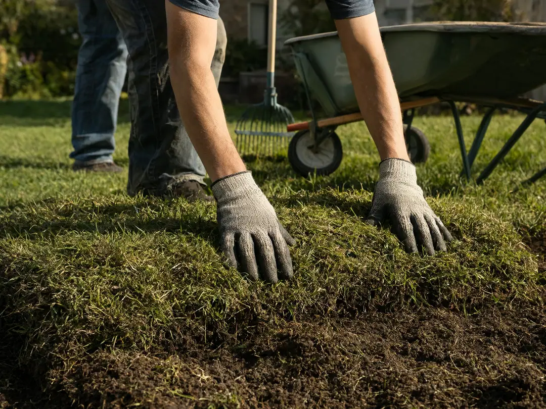 Gloved hands press new turf into place in a backyard with a wheelbarrow behind.