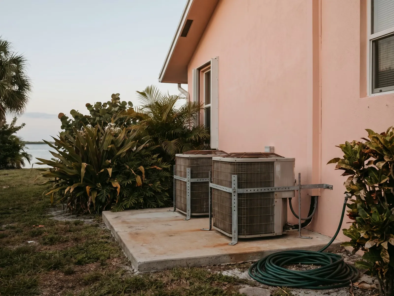 Outdoor heat pump units on a concrete pad beside a stucco home in South Florida.