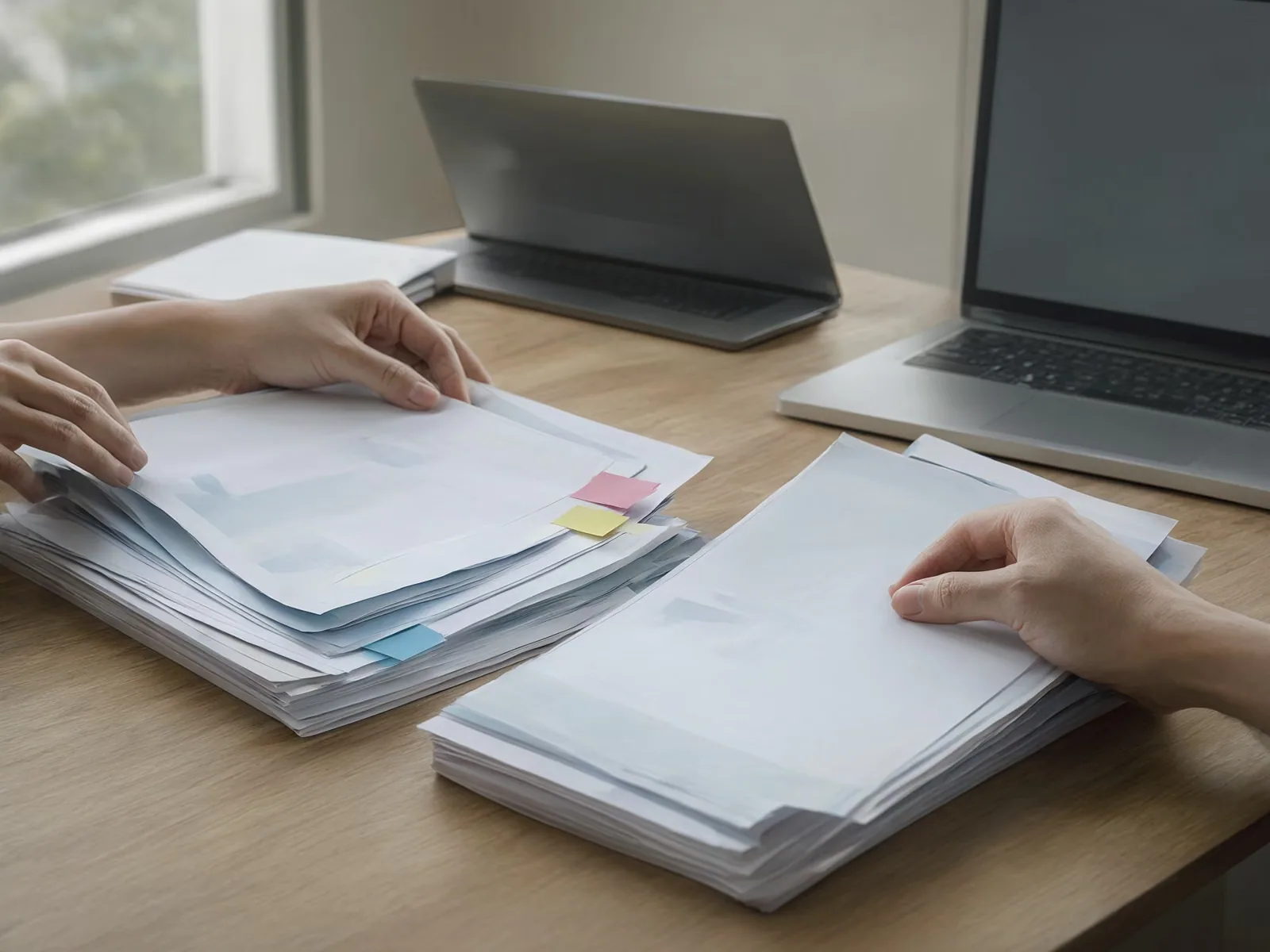 Hands sorting printed report pages into two piles, one marked with colored tabs.