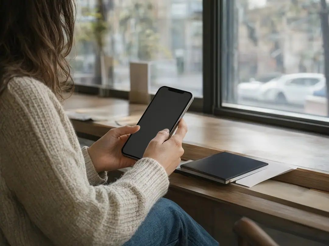 A woman at a cafe window looks at her phone, with the screen turned away from the camera.