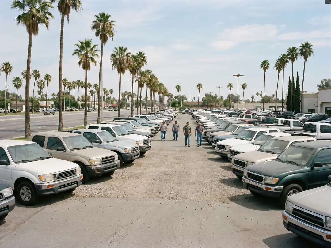 Pickup trucks and SUVs lined up on a used-car lot in Broward County under midday sun.