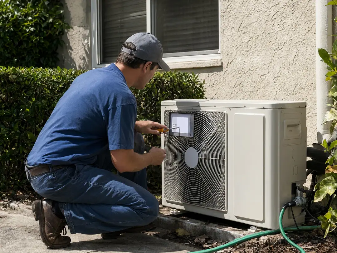 A technician kneels beside an outdoor air conditioning unit next to a house, working on its side panel.