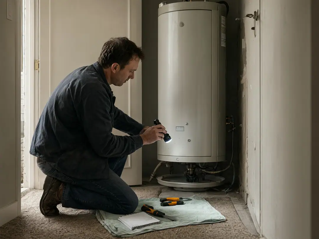 A technician checks the drain pan under a newly installed water heater in a condo closet.
