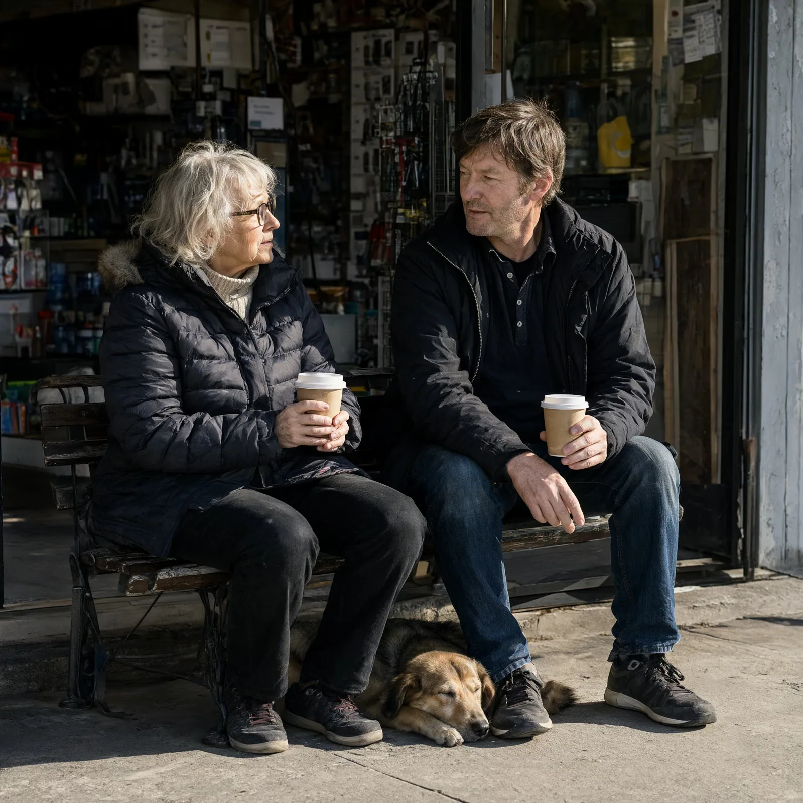 Two neighbors talking over coffee on a bench outside a hardware shop.