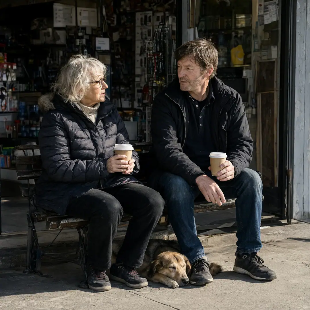 Two neighbors talking over coffee on a bench outside a hardware shop.