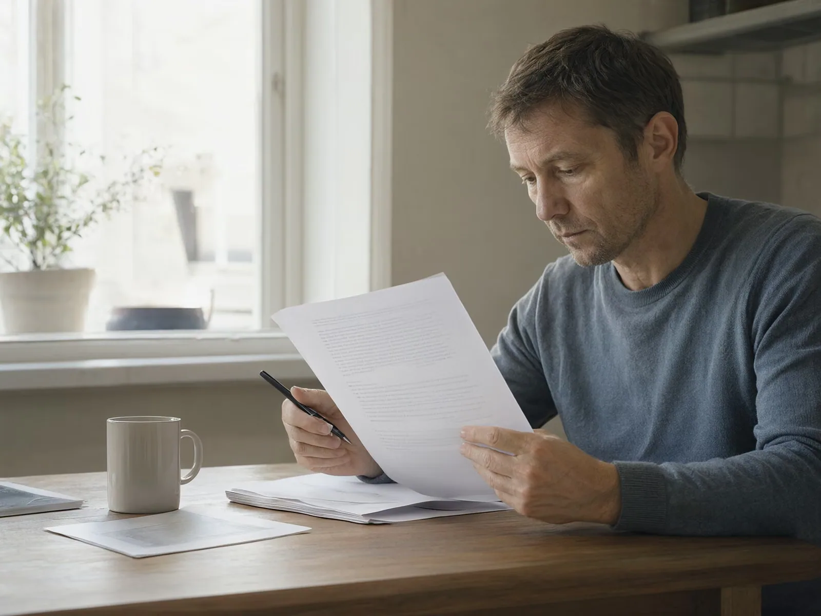 A person at a kitchen table reading a printed page with a pen in hand.