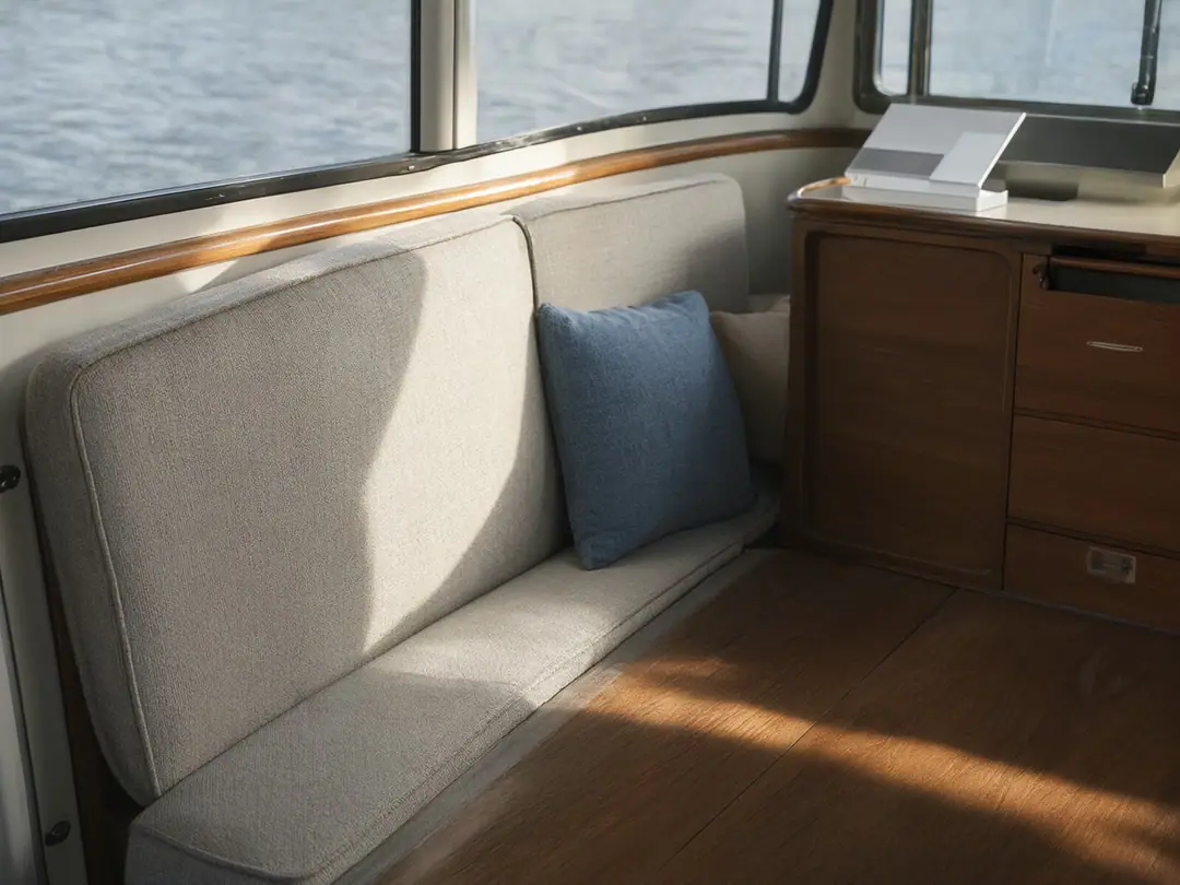 Close-up of fabric cushions on a boat bench beside a wooden floor in sunlight.