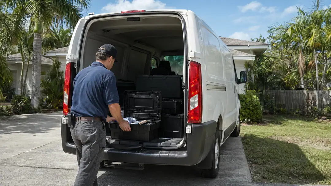 A technician unloading a toolbox from a van outside a South Florida home.