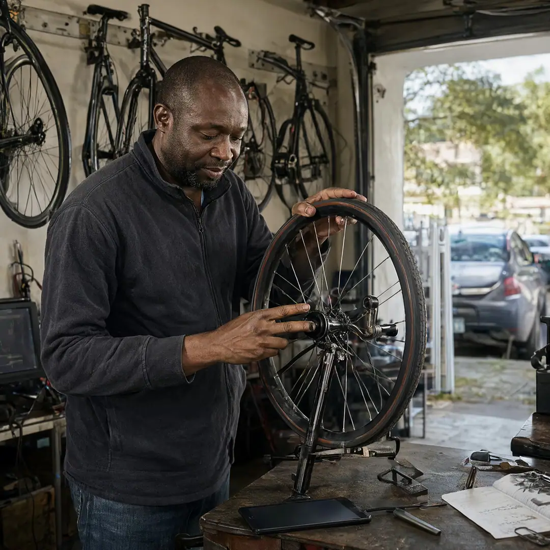 A bike mechanic truing a wheel on a stand in a small workshop.