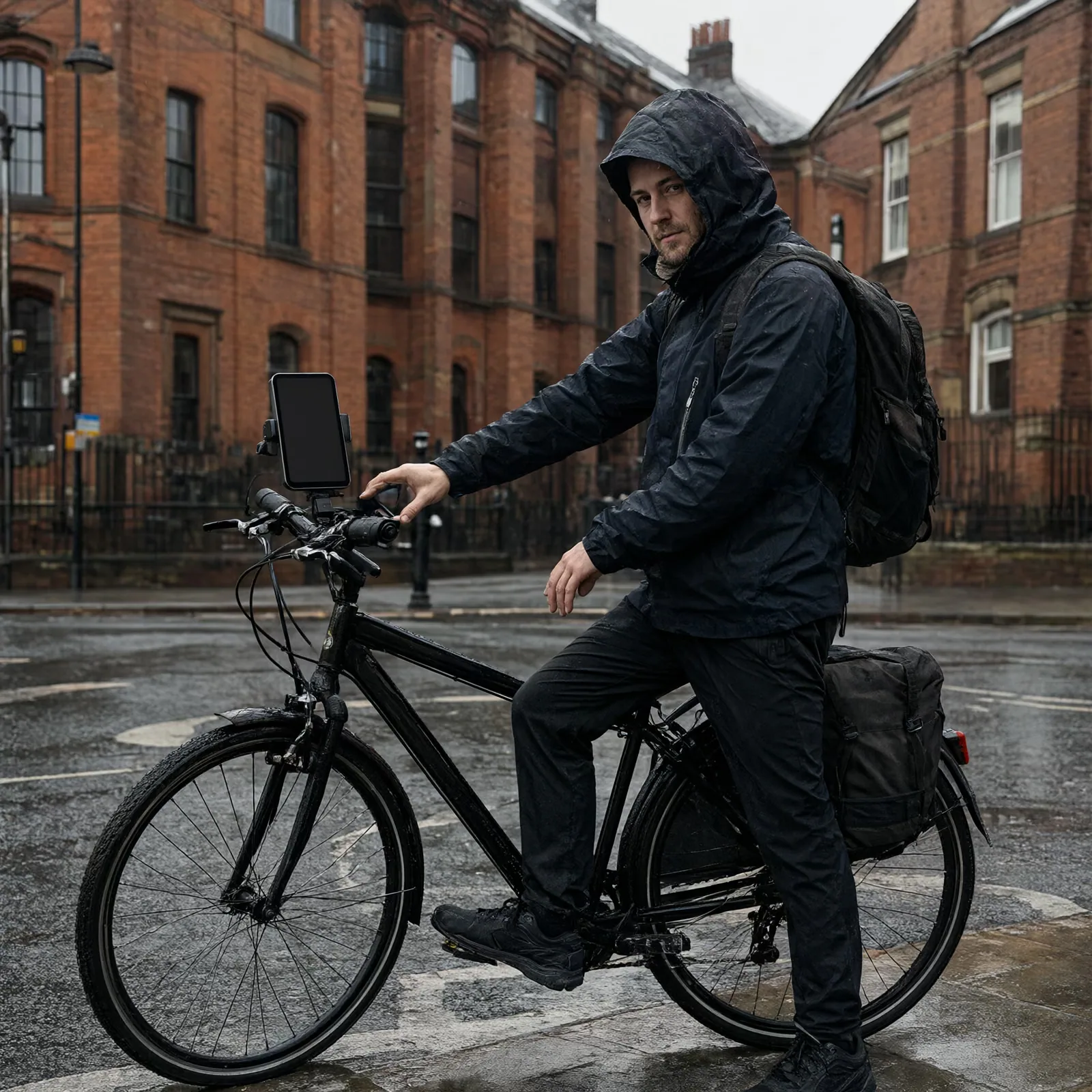 A cyclist pausing at a wet curb in Manchester to check his handlebar phone.