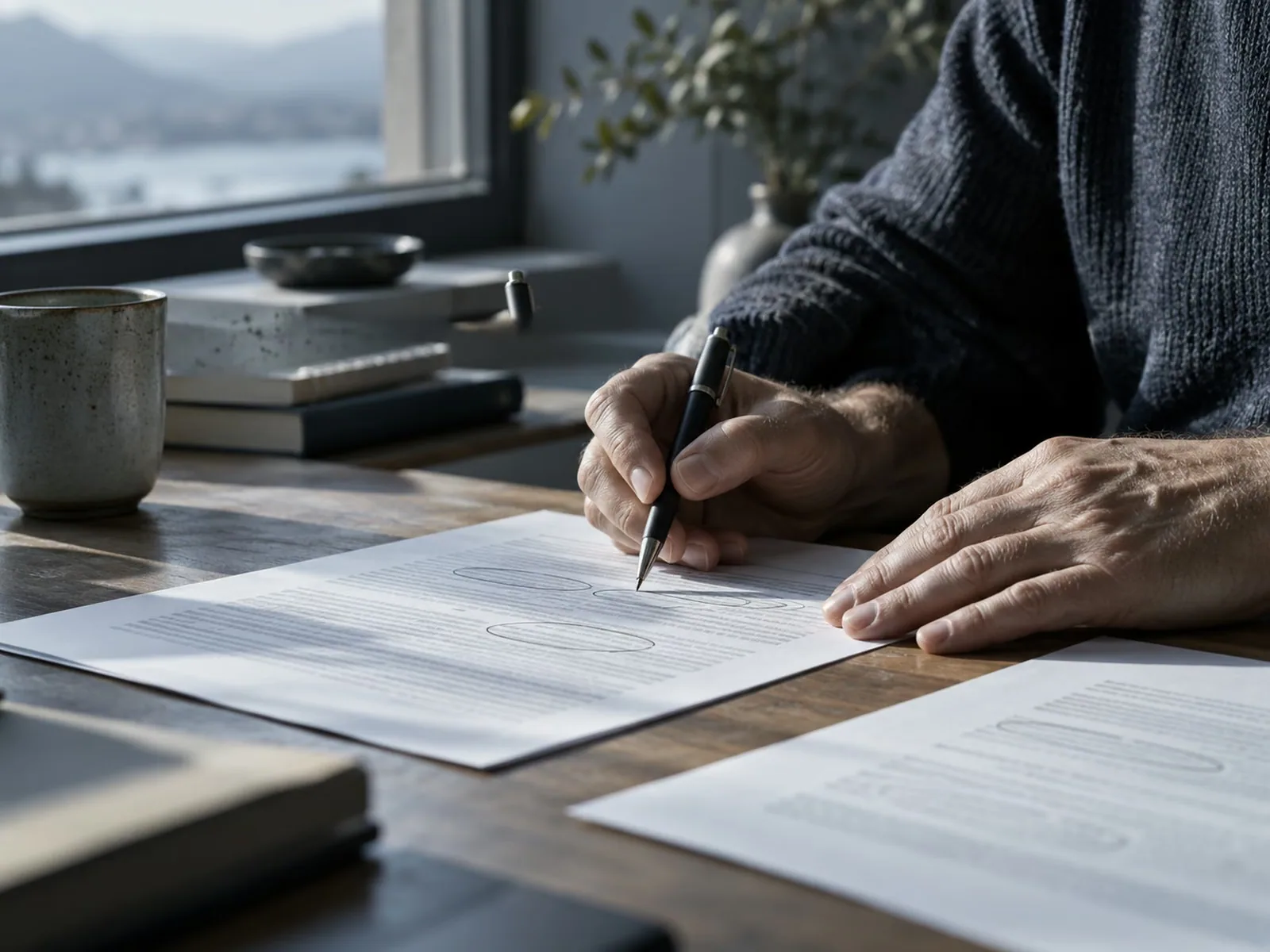 A person reviewing a printed draft at a standing desk and marking a word with a pen.