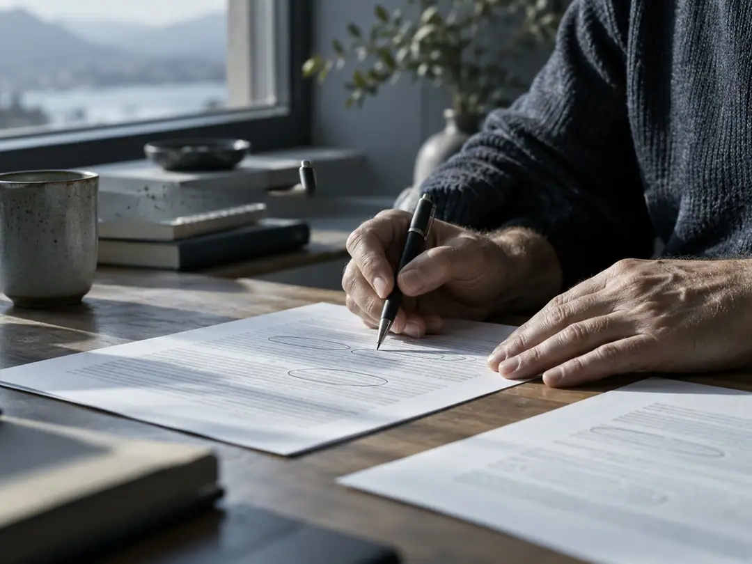 A person reviewing a printed draft at a standing desk and marking a word with a pen.