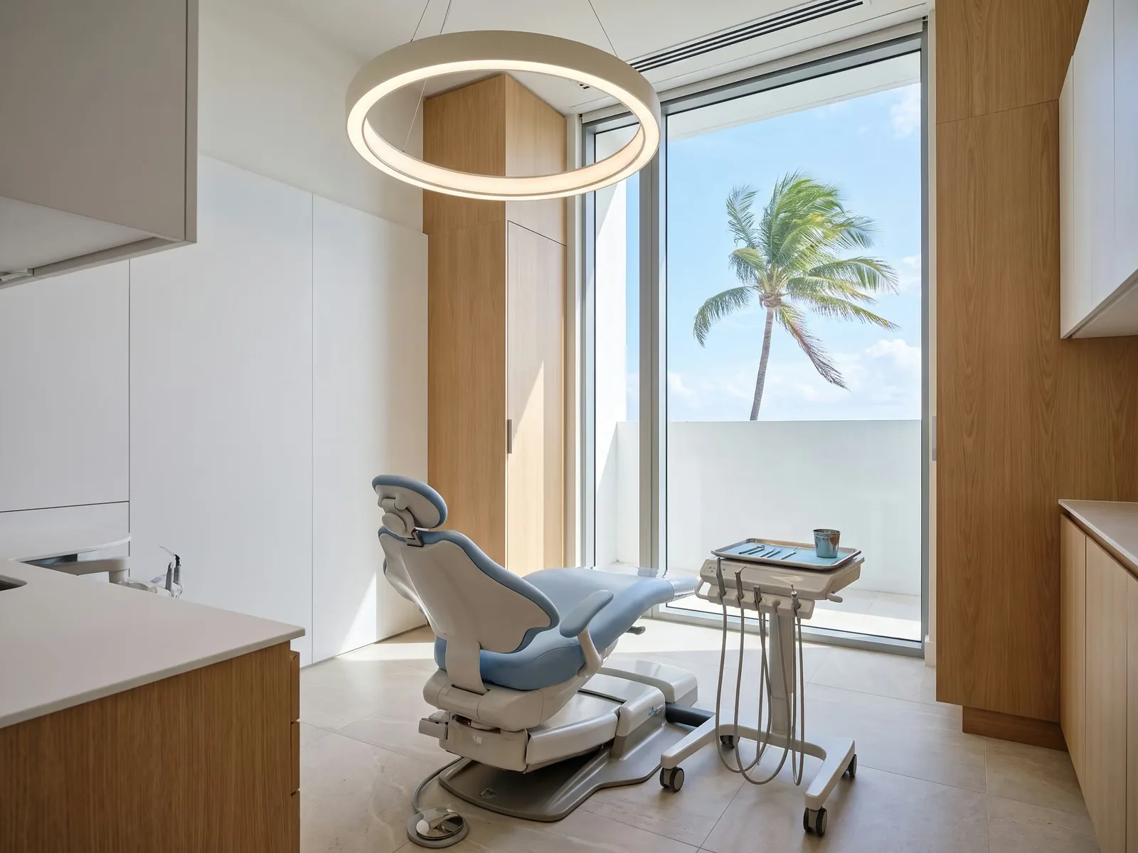 An empty dental treatment room with a window view of palm trees in natural daylight.