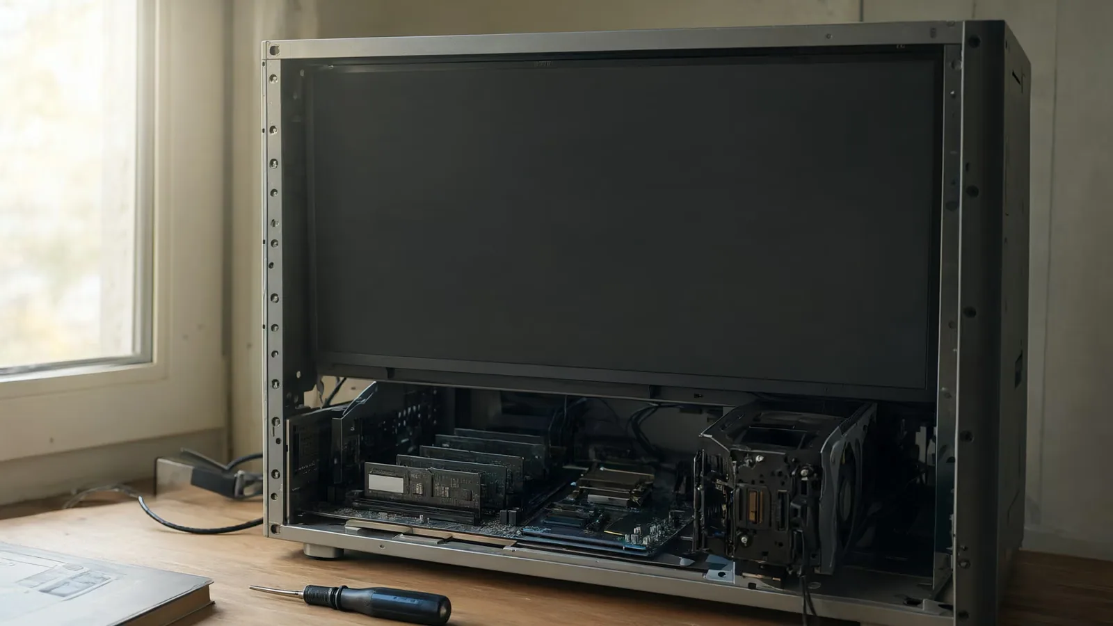 An open desktop computer showing memory modules beside a large graphics card on a workbench.