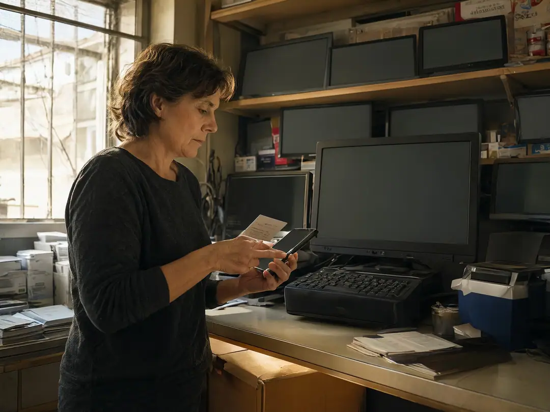 A shop owner behind her counter checks her phone against a printed business card.