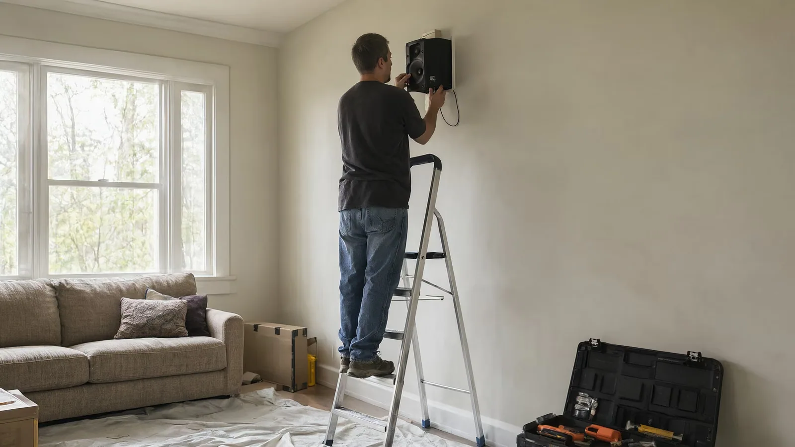 A technician on a ladder installing a speaker bracket on a living room wall.